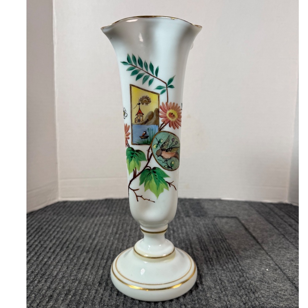 Vintage Hand Painted Milk Glass Vase Ruffled Gold Trim Bird Floral 10.5 Inch